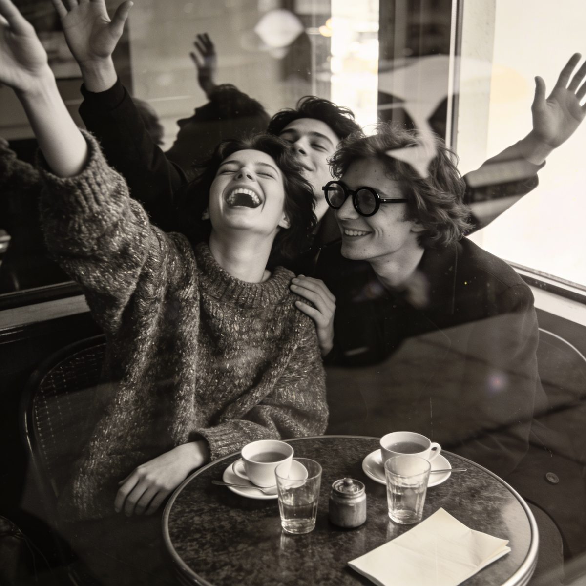 Friends laughing together at a warm cafe table