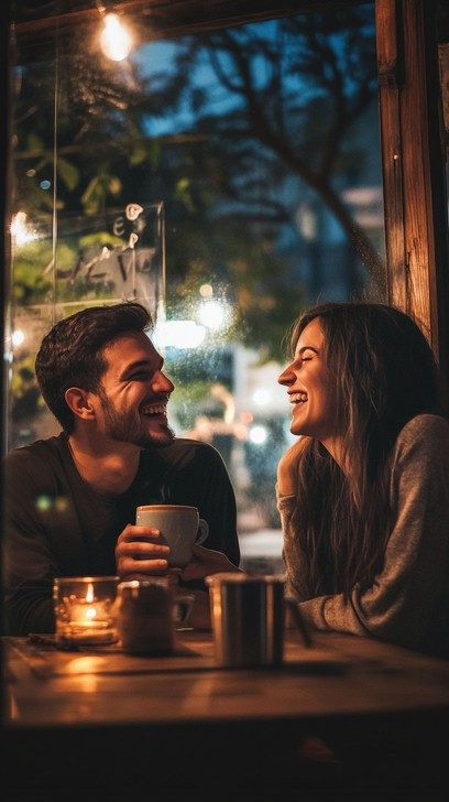 A couple laughing together over coffee on a warm, sunlit date
