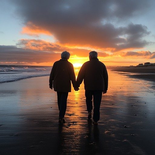A couple walking hand in hand at sunset
